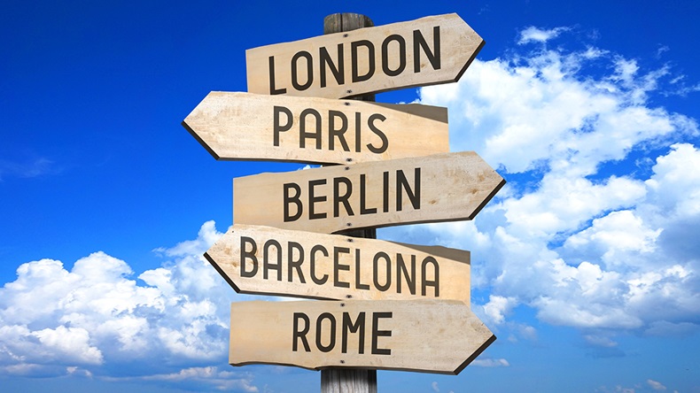 European capitals signpost (3D_creation/Shutterstock.com)