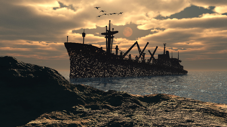 Shipwreck with sun setting