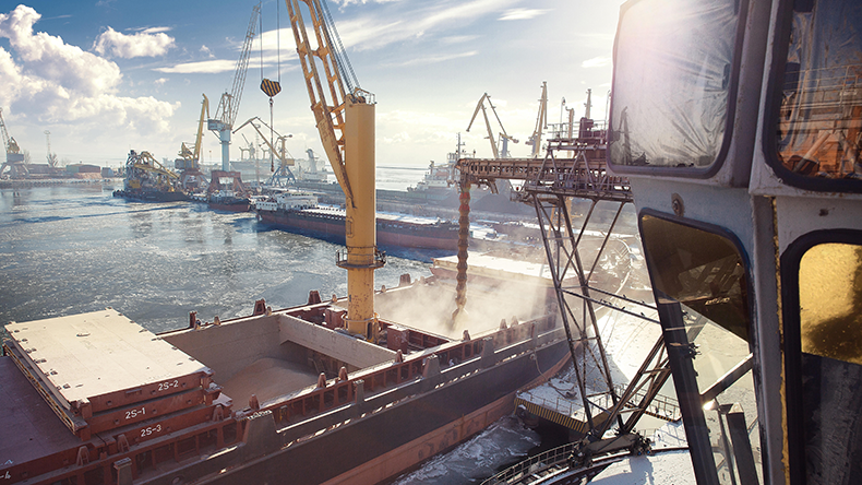 Loading grain on a ship at Mariupol, Ukraine