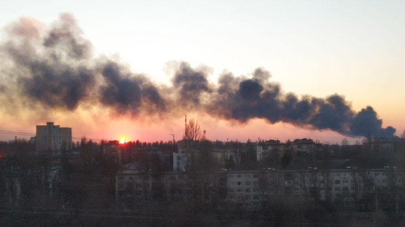 Smoke rising from the site of  a Russian missile strike in Kyiv, Ukraine